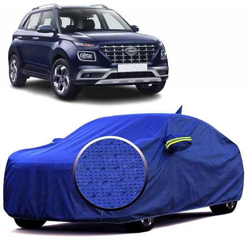Image of 100% Waterproof 'BlueMax' Car Body Cover for Hyundai Venue with Mirror Pocket, Heat & UV Protection, Triple Stitched, Soft Lining, Full Bottom Elastic & Reflective Radium (Blue)