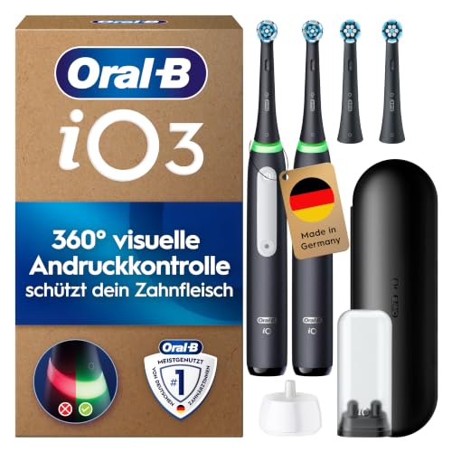 Oral-B iO Series 3 Elektrische Zahnbürste, Doppelpack mit 4 Aufsteckbürsten, Schwarz/Schwarz - Electric Toothbrush… – Ansicht 1
