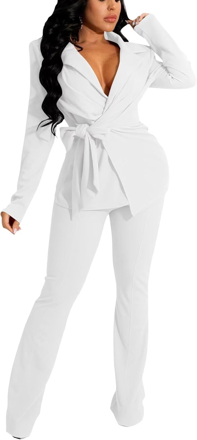 kaimimei Business 2 Piece Pant Suits for Women Dressy Elegant Professional Blazer Set Casual Outfits with Belt