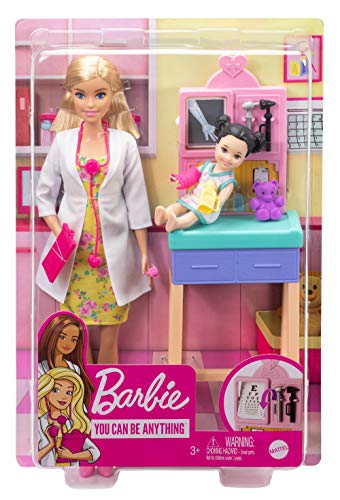 Barbie Pediatra Muñeca rubia doctora con bebé, consulta médica de juguete y accesorios (Mattel GTN51)