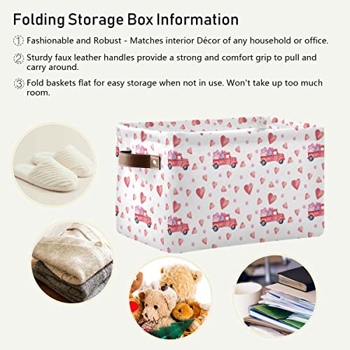 Image of Happy Valentine's Day Storage Basket Fabric Laundry Baskets Love Heart Pickup Truck Car Storage Boxes Organizer Bag for Baby Cloth Dog Toy Book Storage Cubes Shelf Closet Bins 16x12x8 Inches