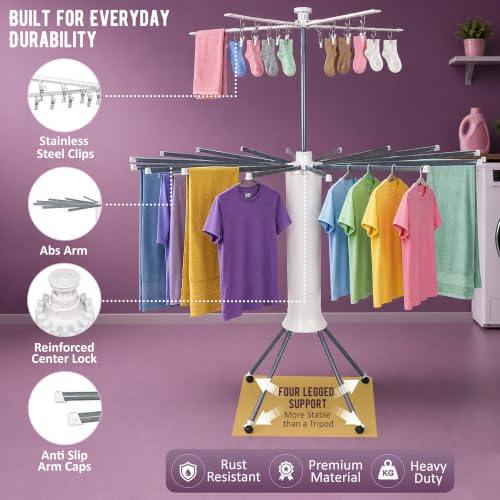 Image of JD FRESH Octopus Foldable Clothes Drying Stand with Wheels /2 Layer Heavy Duty Cloth Hanging Stand with 20 Clips & 360 Rotating Top Arms /Space Saving Laundry Drying Rack for Balcony, Indoor & Outdoor