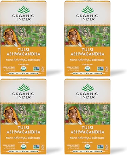 Image of Organic India Calming Tulsi Herbal Tea Favorites - Holy Basil, Ashwagandha, Honey Chamomile, Sleep - Adaptogen, Vegan, USDA Certified Organic, Non-GMO - 18 Infusion Bags (Pack of 4)