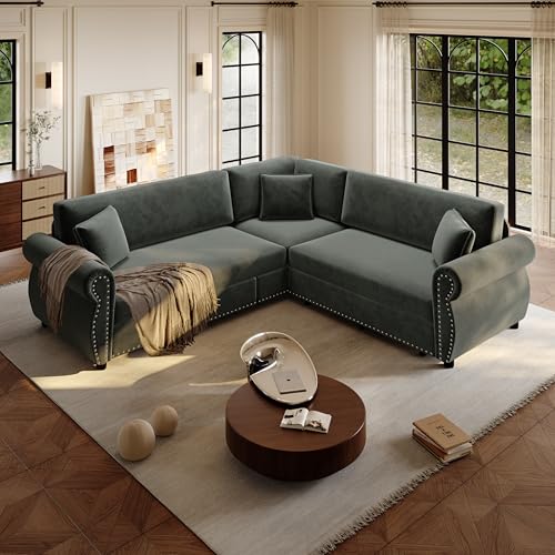 Image of KCGKCG 88.2 inch Sleeper Sofa Bed, Sectional Couches for Living Room /Apartment, Chenille L Shaped Couch with Pull Out Couch Bed, Convertible Sectional Sofa with Rolled Arm & Nailhead Trim, Dark Grey