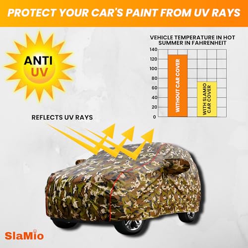 Image of Waterproof Car Body Cover for Range Rover Evoque with Mirror Pocket, Soft Cotton Lining, Triple Stitched, Full Bottom Elastic (Heat Resistant Jungle Print with Red Piping)