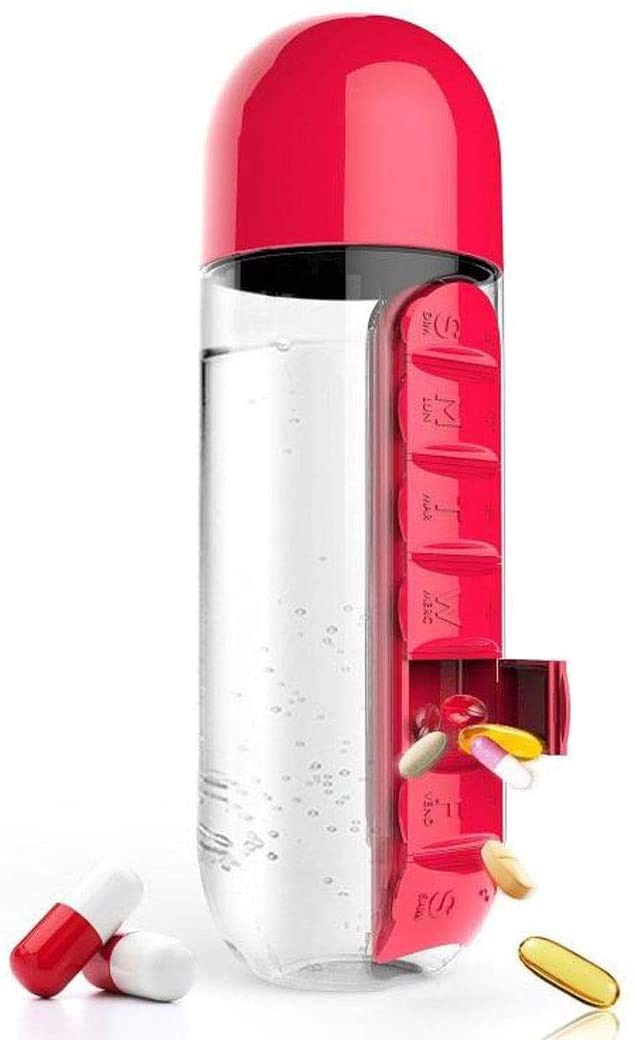 7 Day Pill Box Organizer with Water Bottle,Portable Weekly Dispensers Reminders for Travel, 20 oz 600ml (Red)