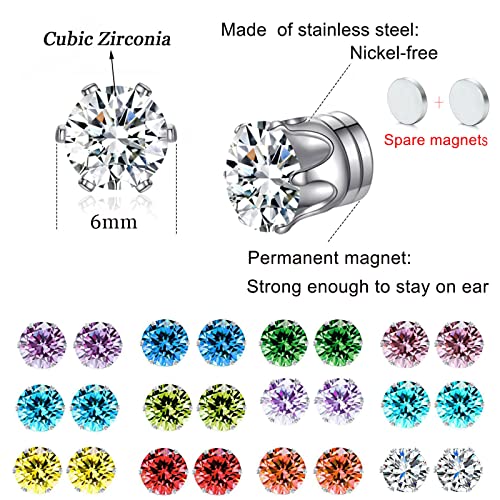 Spiritlele 12 Pairs Colors Cubic Zirconia Magnetic Earrings Clip On Non Piercing Earrings Set Unisex (Six Prong Cytal) #TOP4