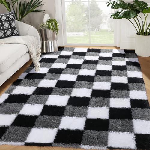 Image of KICMOR Area Rugs for Bedroom Living Room, 4x6 Fluffy Soft Black White Grey Checkered Rug Fuzzy Shag Shaggy Floor Carpet, Indoor Plush Furry Rugs for Kids Boys Girls Room Nursery Playroom Home Decor