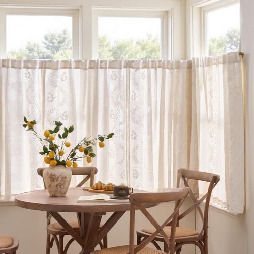 Image of jinchan Ivory Floral Linen Kitchen Tier Curtains 50x45 Inch 2 Panels