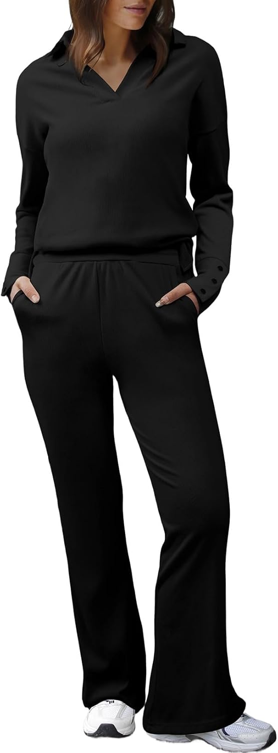 Herseas Women Sweater Set 2 Piece Outfits 2025 Long Sleeve Knit Lapel V Neck Tops High Waist Wide Leg Pants Lounge Sets Small Black