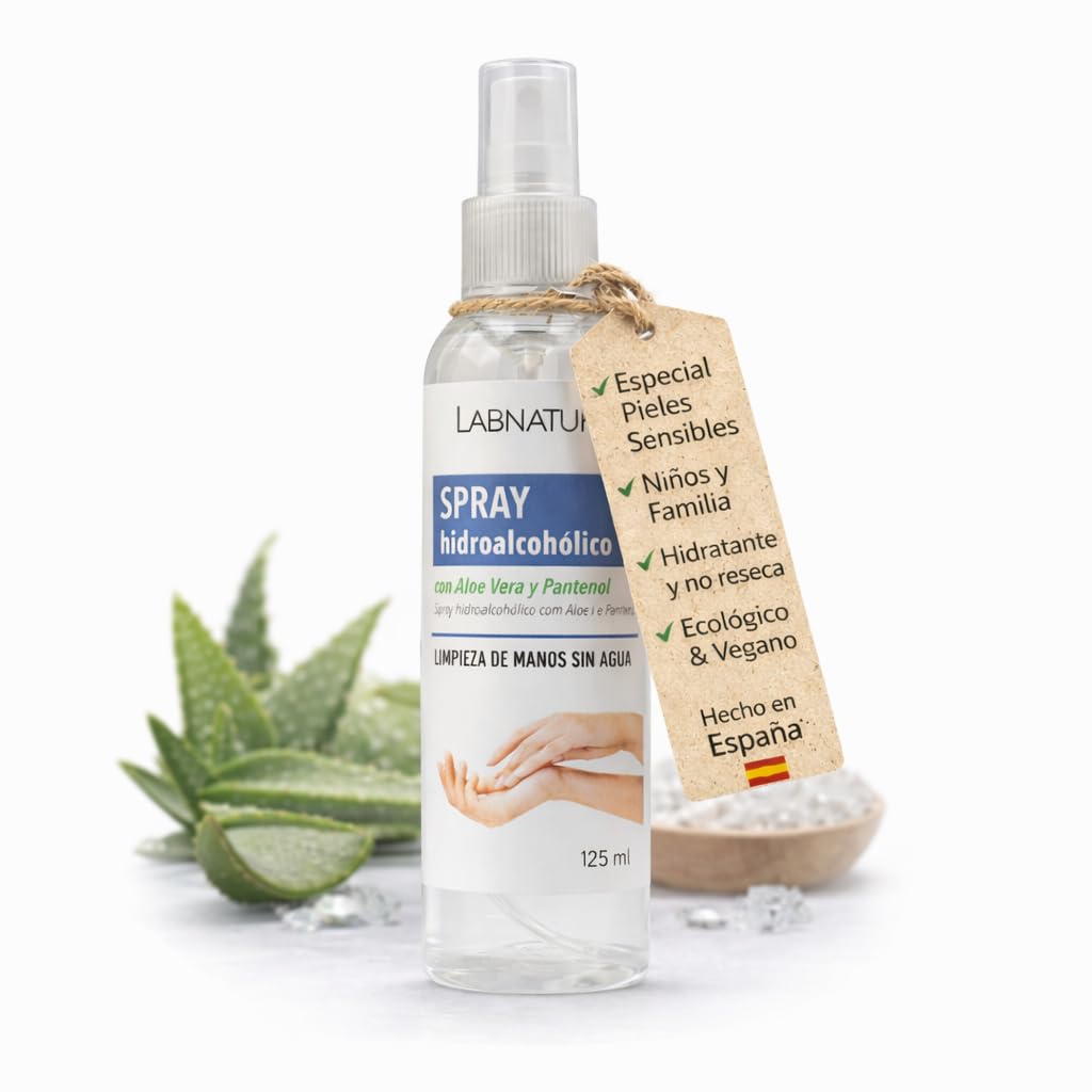 Labnatur Natural Hydroalcoholic Spray Sensitive Skin 125 ml | Children and Family | Non-Resecca Moisturizer | Aloe Vera and Panthenol | Rinse Free | Vegan | Portable Format | Made in Spain