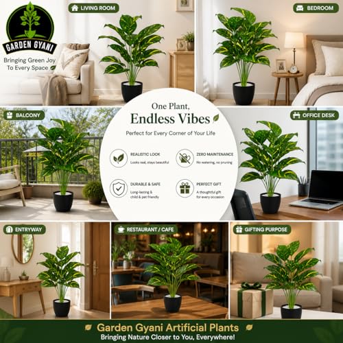 Image of Artificial Calathea Orbifolia Plant with Black Pot - 75 cm Tall Faux Tropical Decorative Plant with 18 Leaves for Home, Office, Balcony & Living Room Decor