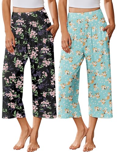 Image of Ekouaer 2 Pack Womens Pajama Pants 2026 Wide Leg Capri Yoga Pants Lounge Comfy Sleep Pj Bottoms with Pockets