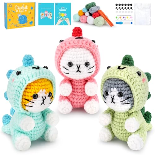 Crochet Kit for Beginners - 3 PCS Dinosaur Cat Crochet Kits with Step-by-Step Video Tutorials
