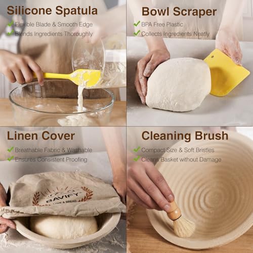 BAVIFY Sourdough Starter Kit, Banneton Bread Proofing Baskets Set, Sourdough Bread Baking Supplies Making Tools with Dough Scraper, Whisk, Bread Lame, Recipe, Wood Pulp Banneton - 2 Round Gift Set — view 6