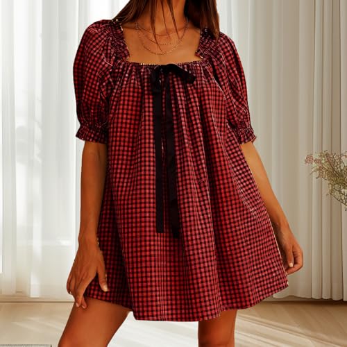 Image of Women Y2k Puff Sleeve Babydoll Dresses Square Neck Tie Back Mini Dress Summer Solid Off Shoulder Flowy Sundress