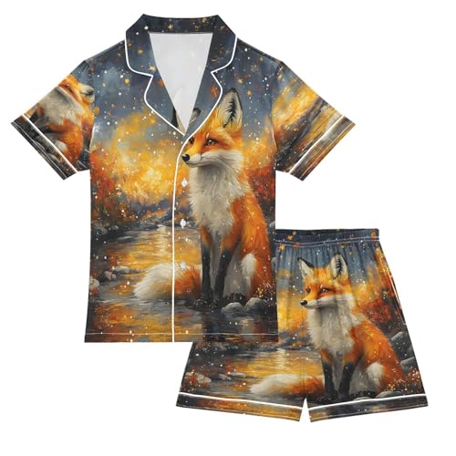 ALAZA Magic Fox Yellow Leaf Satin Pajamas Set Short Sleeve Button Down Sleepwear Summer Pjs 2 Piece
