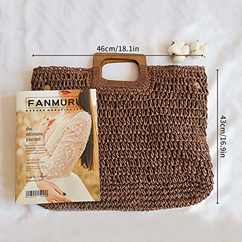 Bolso tote de paja con asa de madera para mujer, bolso tejido tipo hobo para verano, playa y viaje (café) miniatura 2