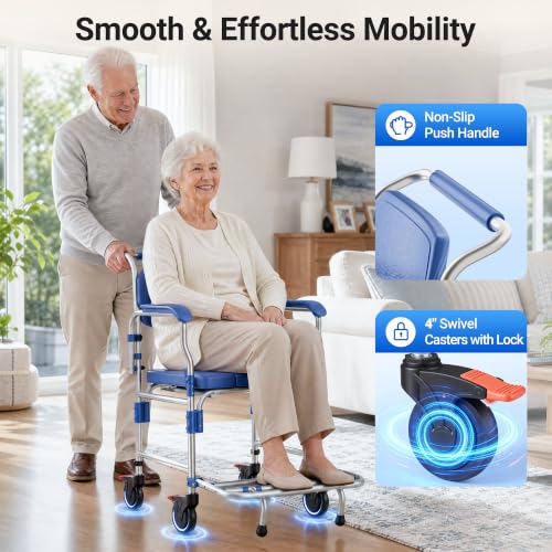 Image of 4-in-1 Bedside Commode Wheelchair with Drop Arms & Lockable Casters