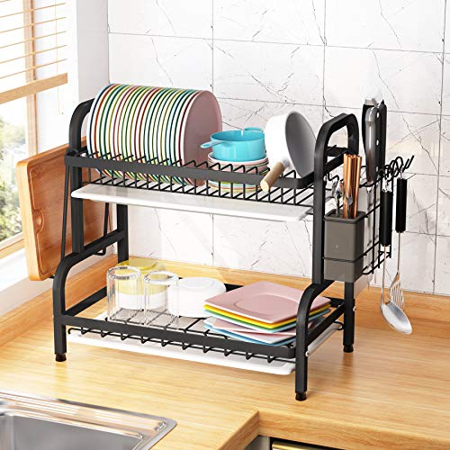 Dish Drying Rack, 1Easylife 2-Tier Compact Kitchen Dish Rack Drainboard Set, Large Rust-Proof Dish Drainer with Utensil Holder, Cutting Board Holder for Kitchen Counter Tableware Organizer Space Saver - Thumbnail 4