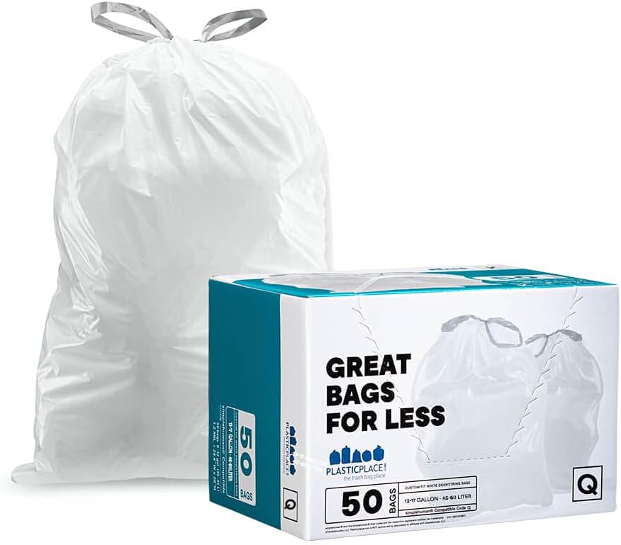 Custom Fit Trash Bags │ simplehuman (x) Code Q Compatible (50 Count) │ White Drawstring Garbage Liners 13-17 Gallon / 40-65 Liter │ 25.25" x 32.75"