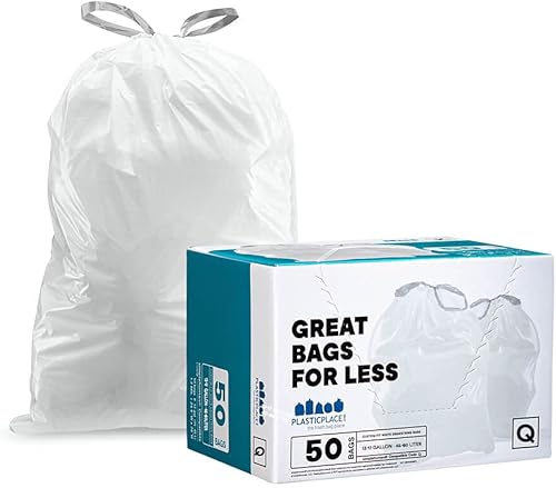 Plasticplace Custom Fit Trash Bags, simplehuman (x) Code Q Compatible (50 Count), White Drawstring Garbage Liners 13-17 Gallon 40-65 Liter, 25.25"