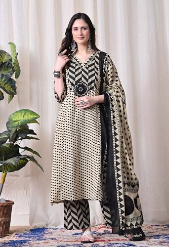 Image of MEERA FAB Women's Cotton Straight Kurta Set, Floral Print with Yoke, with Dupatta and Pants