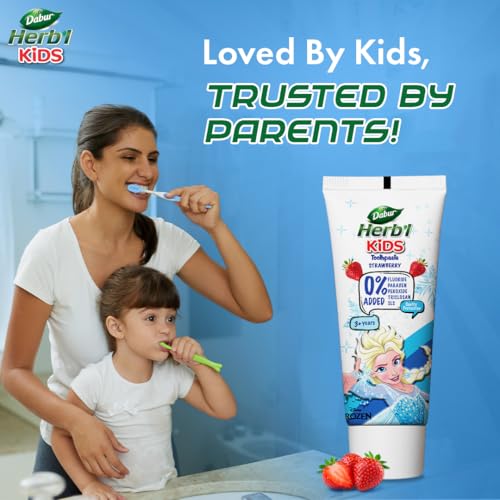 Image of Dabur Herb'l Kids Elsa Frozen Toothpaste | 160g (Pack of 2 x 80g) | 3+ Years | Strawberry Flavour | No added chemicals | Cavity protection | Healthy Gums | SLS & Flouride free