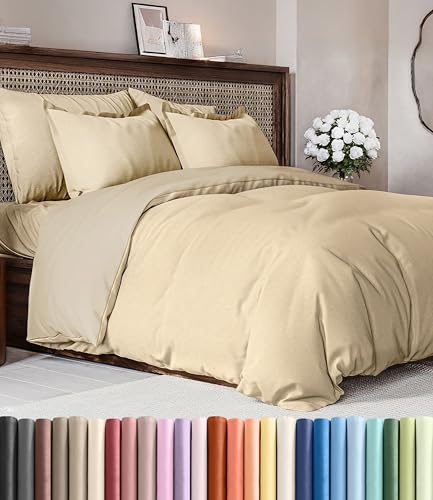 Image of Duvet Cover Queen Size Set - Extra Soft Queen Duvet Cover 90 inch x 90 inch with 2 Pillow Shams for Women, Men, Kids & Teens - Hotel Luxury w / Zipper Closures & Ties - Comfy, Cozy & Breathable (Heathered Tan)