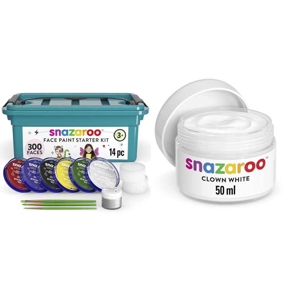 Snazaroo - Pintura Facial y Corporal, Mini Kit para Principiantes, 14 Piezas + Pintura Facial Clown, 50 ml, Color Blanco