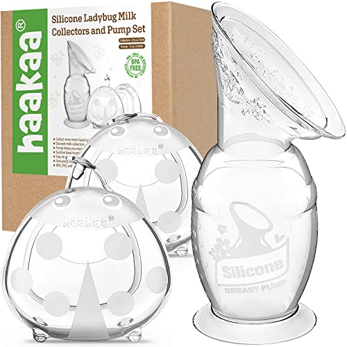 haakaa Manual Breast Pump Collector with Suction Base 5oz/150ml and Ladybug Milk Collector 2.5oz/75ml Combo for Breastfeeding, Made of Food Grade Silicone