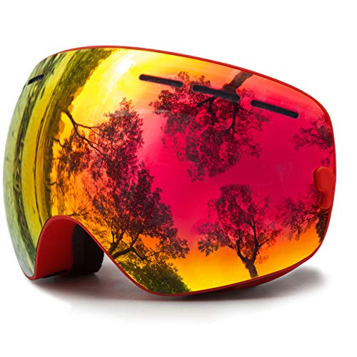 Image of JULI Kids Ski Goggles,Interchangeable Double Layer Spherical Lens,OTG Anti-Fog Snowboard Skate Snow Goggles Age 4-16 4300 4300(Red)
