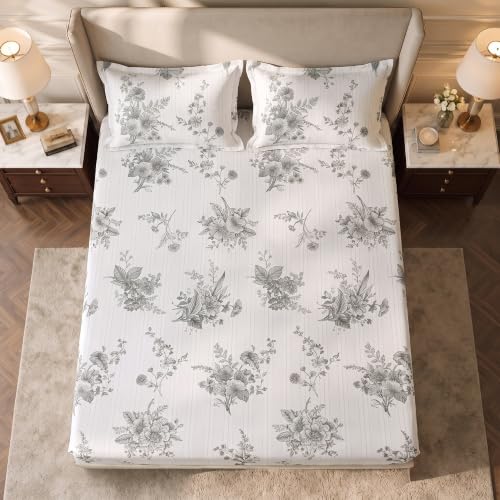 Image of Home Elegance from House of Mytrident | Linen Feel Bed Sheet for Double Bed King Size with Two Pillow Covers | Ultrasoft | Floral 274cm x 250cm | myTrident - Ethereal Grey