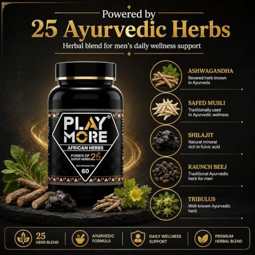 Image of Play More African Herbs Capsules for Men | 25 Ayurvedic Herbs with Ashwagandha, Safed Musli, Shilajit, Kaunch Beej & Tribulus | Men's Daily Wellness Support | 800mg | 60 Capsules