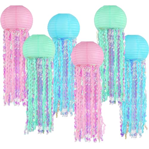 MEIWUITE Jellyfish Paper Lanterns,Pink Blue Green Hanging Lantern for Under The Sea Party Decorations, Mermaid, Ocean Themed Birthday Party Decorations, Set of 6