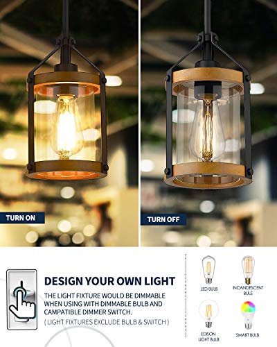 HANASS Farmhouse Wood Pendant Light, Black Glass Pendant Lighting for Kitchen Island in Walnut Wood, Length Adjustable, MD89418-QH - Image 4