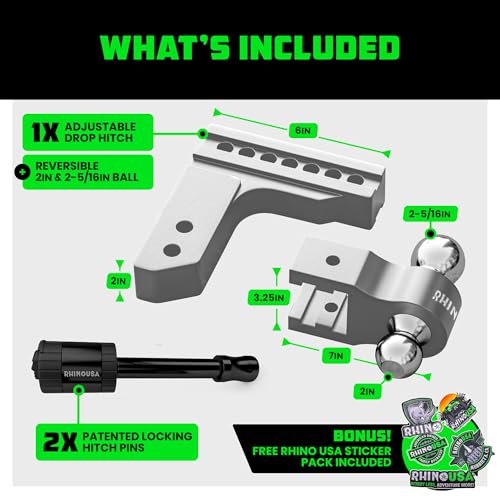 Image of Rhino USA Adjustable Trailer Hitch (Fits 2-Inch Receiver) - Heavy Duty Aluminum Tow Hitches with 6-Inch Drop /Rise for Truck (12,500 LBS GTW) - Weatherproof Double Anti-Theft Locking Hitch Pin (Silver)