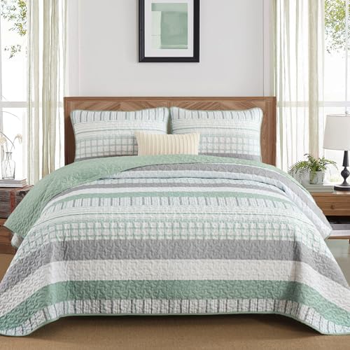 DJY Striped Quilt Set Queen Size, Sage Green Boho Bedspread