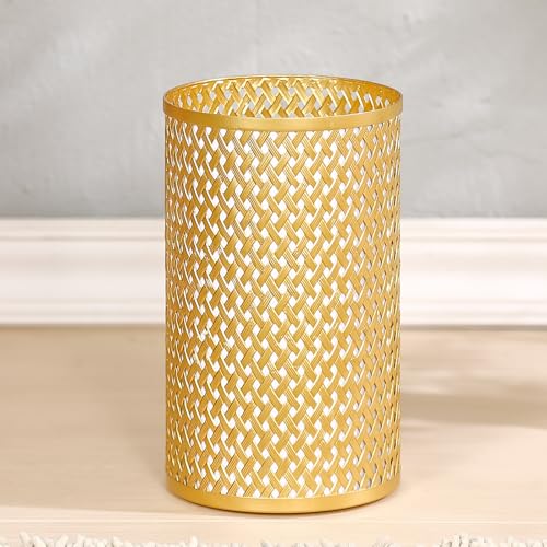 Image of Small Gold Trash Can for Bathroom, Metal Garbage Can for Offices, Decorative Hollow-Out Garbage Can Waste Paper Bin, 7 inch W X 7 inch L X 12 inch H