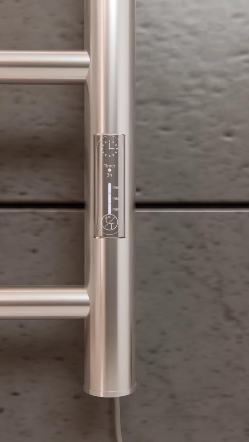 Grzejnik na ręczniki elektryczny ze stali nierdzewnej – 505 x 400 mm | 35 W | grzejnik łazienkowy z timerem i termostatem | montaż na ścianie | IP44 | eleganckie wzornictwo do hotelu i domu