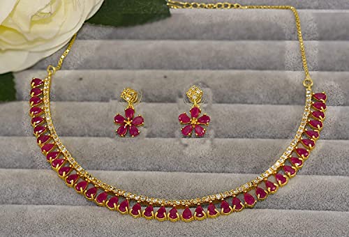 Jewarhaat Indian Necklace Set Ad Cz Elegant Gold Plated Multi Stones Sparkling Crystals Choker With Earrings Jewelry For Women & Girls (Ruby Red) #TOP7