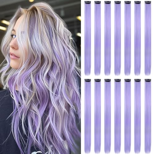 HappClan Light Purple Hair Extensions 16 Pcs Lilac Clip in Hair Extensions Synthetic 22 inch Rainbow Highlight Hairpieces for Girls Women Favor Gift & Party Birthday (Light Purple)