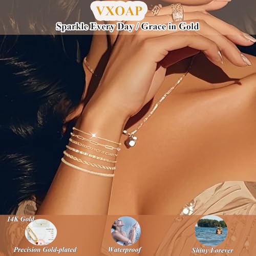 Gold Bracelets for Women, 14K Gold Plated Jewelry Set Stackable Bracelets Dainty Layered Trendy Waterproof Link Chain3
