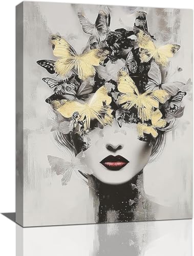Golden Butterfly Women's Wall Decoration Black and White Women's Wall Decoration Modern Grey Aesthetics Canvas Painting Oil Painting Prints Artwork with Frame Decoration Suitable for Beauty Salon Spa