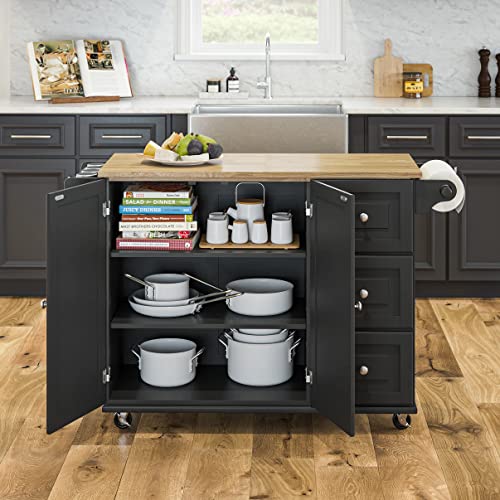 Homestyles Dolly Madison Kitchen Cart With Wood Top And Drop Leaf Breakfast Bar, Rolling Mobile Kitchen Island With Storage And Towel Rack, 54 Inch Width, Black #TOP2