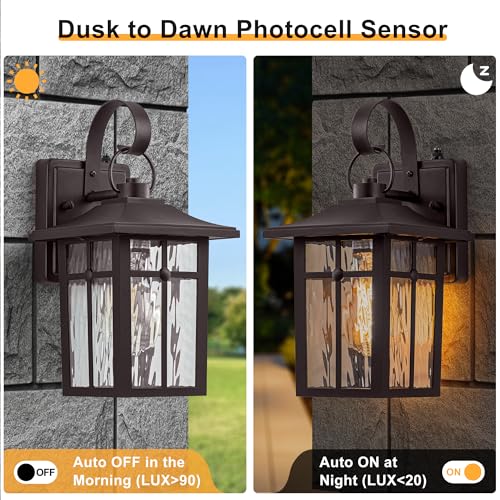 Image of 2 Pack Dusk to Dawn Outdoor Wall Lights, Brown Porch Lanterns | Aluminum Garage Light, Ripple Glass, Weather Resistant, For Garage Patio Entryway