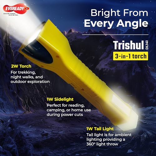 Image of Eveready Trishul DL141, Rechargeable 3-in-1 Emergency Led Torch + Sidelight + Tail Light, Rugged Angular Design, Type B /Micro USB Charging, 360 Illumination, Powered by BIS Certified Li-Ion Battery