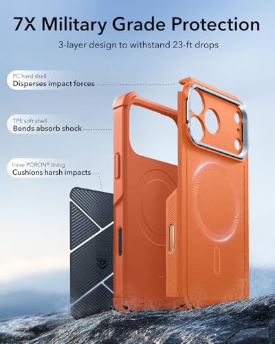 Image of ESR for iPhone 17 Pro Max Phone Case with Stand, 23ft Military-Grade Drop Protection with Camera Control, Shock-Absorbing Rugged Cover, Compatible with MagSafe Accessories, Cyber Series, Orange