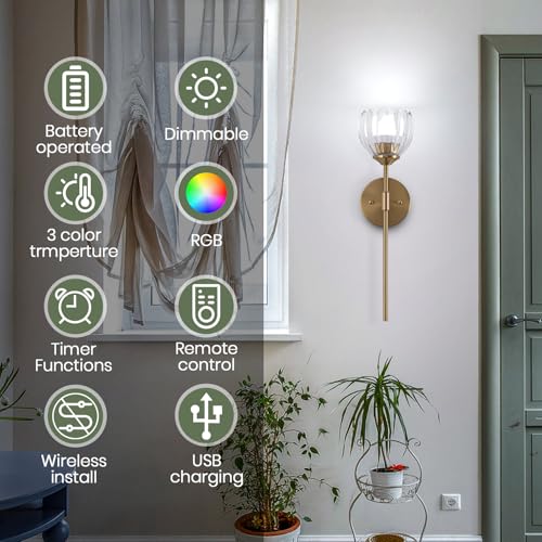 Image of Vintage Battery Operated Wall Sconce Set of 2,Rechargeable Wall Lights with RGB Dimmable Detachable Bulbs and Remote,LED Wireless Wall Lamps for Bedroom Living Room Hallway