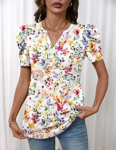 Image of LOMON Spring Summer Tops for Women 2026 V Neck Puff Short Sleeve Tops Fashion Trendy Work Blouses Dressy Casual S-XXL